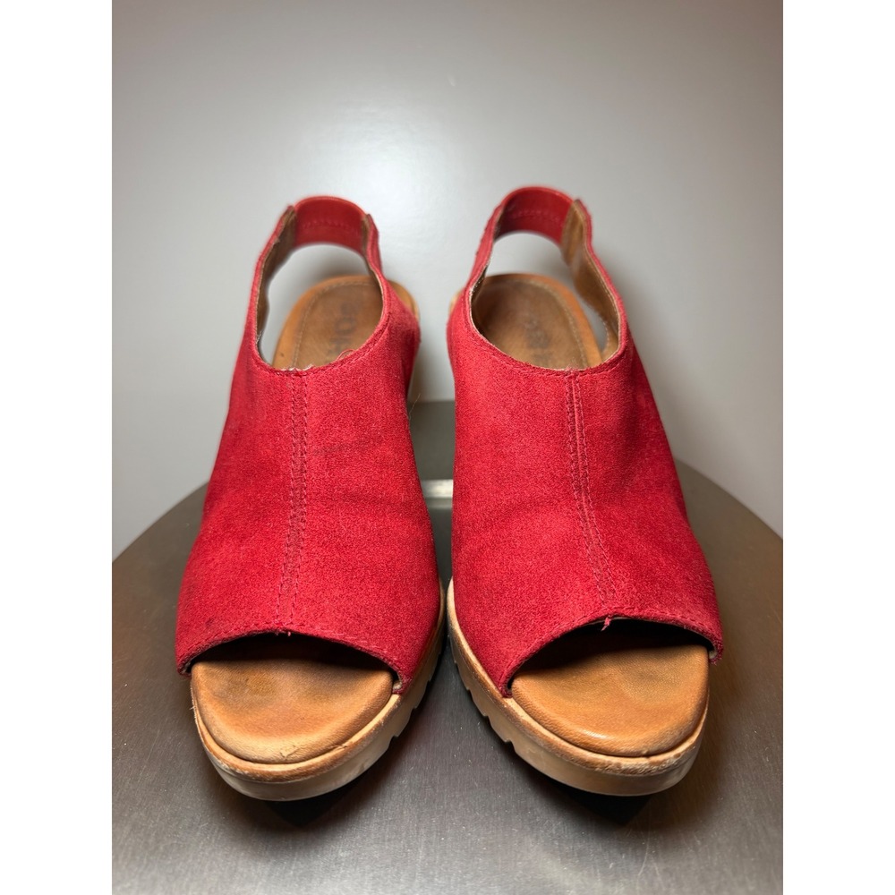 Sorel Joanie II Red Suede Slingback Wedge Sandals Peep Toe Womens 6